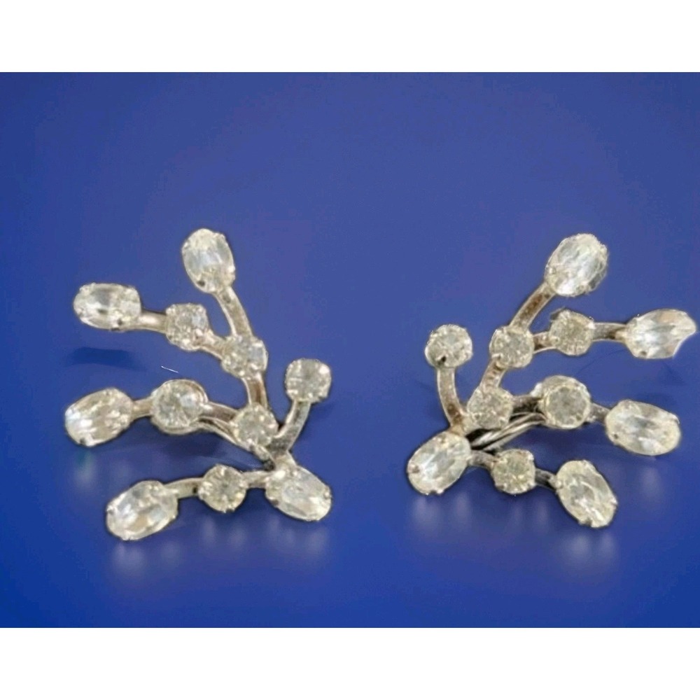 Vintage MCM Rhinestone Earrings Silver Tone Floral estate find cocktail